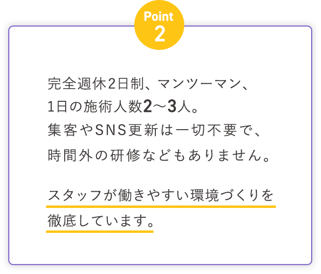 完全週休2日制、マンツーマン、1日の施術人数2~3人。